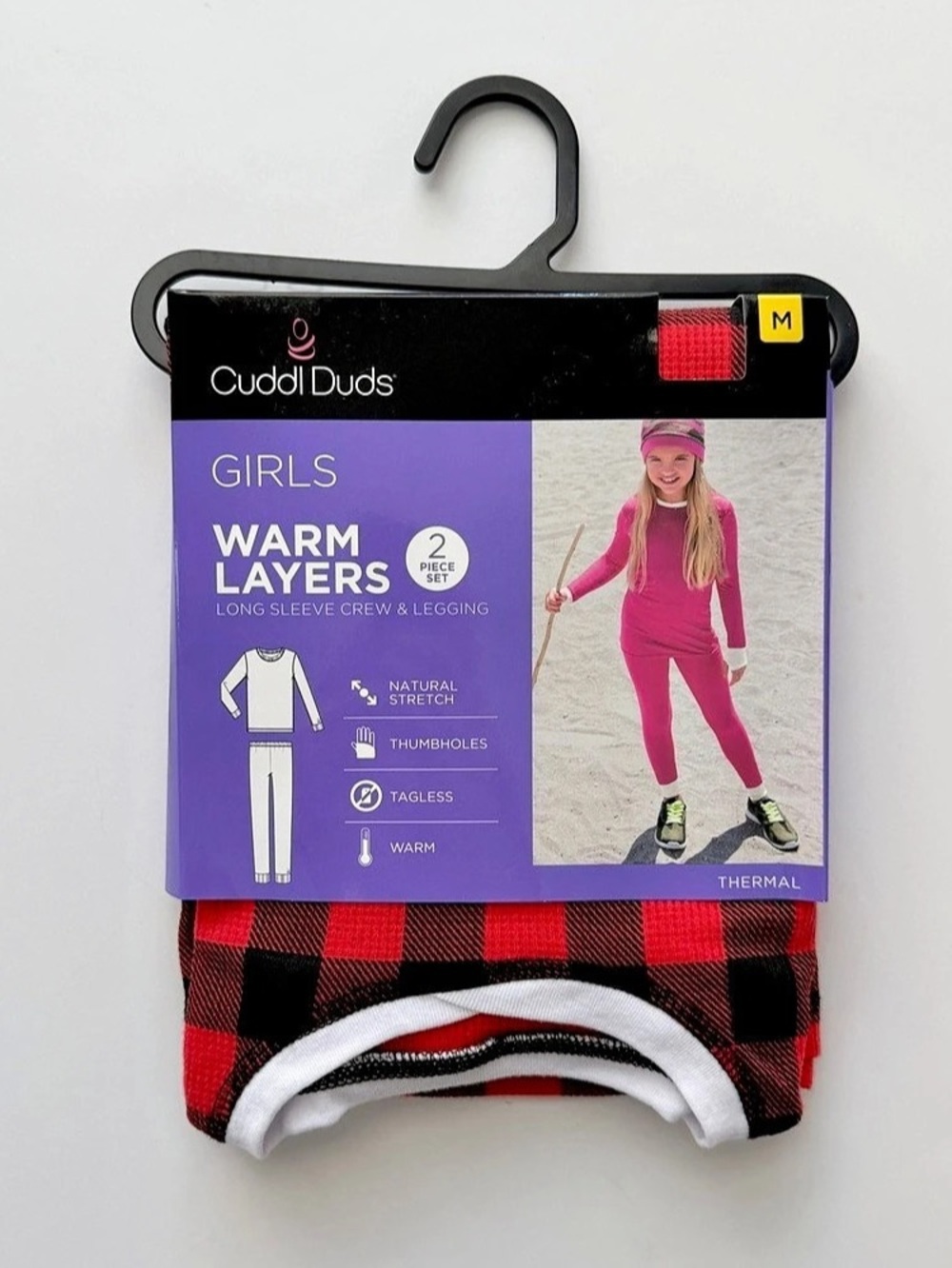 NWT Cuddl Duds Girls 2-Piece Thermal Set - Red & Black Buffalo Plaid Pattern